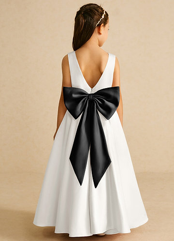Azazie Pipsy Flower Girl Dresses Ivory Black A-Line Bow Matte Satin Dress image1