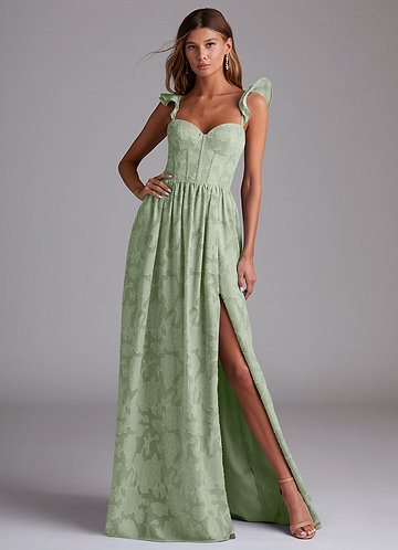 sage green floral bridesmaid dress Floral Strapless Printed Sage Green Bridesmaid Dress with Slit