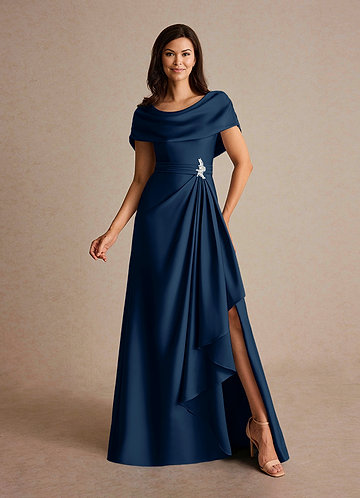 Azazie Branford Mother of the Brides Dresses Dark Navy A-Line Pleated Stretch Satin Dress image1