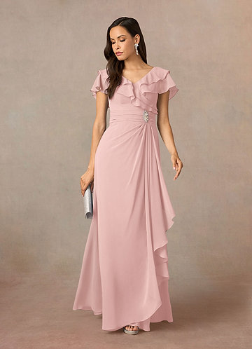 Azazie Snapdragon Brudens mor-kjoler A-Line V-hals Ruched Chiffon Gulv-længde Kjole image1