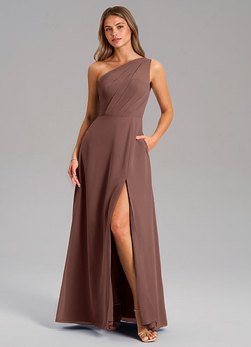 Azazie Phaedra Bridesmaid Dresses Vestido Café Expresso de Chiffon de Linha A com Um ombro image1
