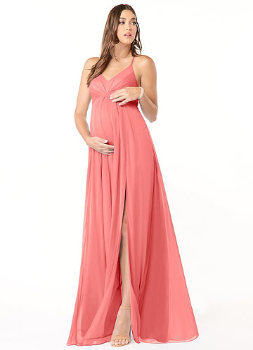 Azazie Annabelle Vestidos de dama de honor de maternidad Vestido de Corte en A Cuello en V plisado Hasta el suelo Malla image1