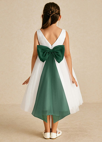 Azazie Kavi Flower Girl Dresses Ivory Dark Green A-Line Bow Matte Satin Dress image1