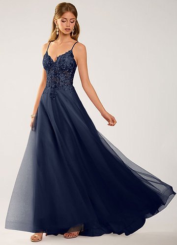 Calliem Navy Beading Lace Tulle Prom Dress image1
