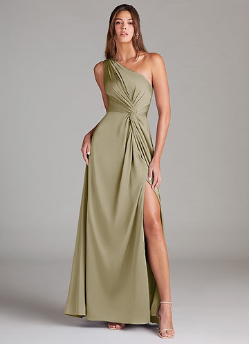 Azazie Brooke Bridesmaid Dresses Vestido Musgo Verde de Cetim elástico de Linha A com Um ombro image1