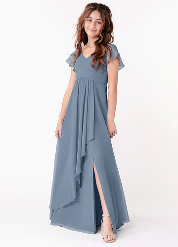 Azazie Omari Junior Dusty Blue A-Line Ruched Chiffon Dress image1