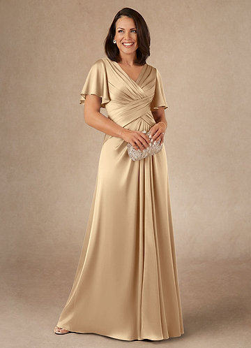 Azazie Emmeline Mother of the Brides Dresses Champagne A-Line Pleated Stretch Satin Dress image1