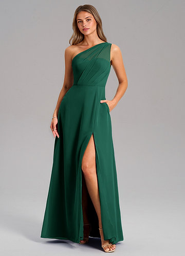Azazie Phaedra Bridesmaid Dresses Vestido Esmeralda de Chiffon de Linha A com Um ombro image1
