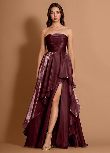 Dahlia Wine Satin Faced Chiffon Ruffled A-line Prom Dress image1