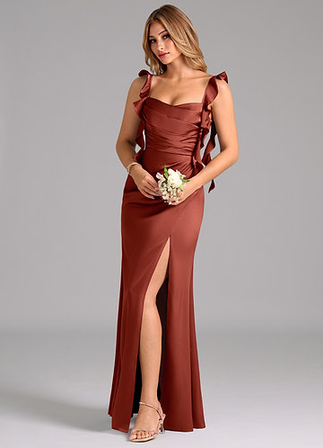 Azazie Jessamine Robes Demoiselle d'honneur Robe Fourreau en Satin extensible Corset Terracotta image1