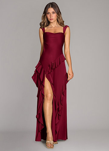 Azazie Sloane Vestidos Dama de Honor Vestido de Borgoña de Satén Elástico de Corte en A con Escote de Corazón image1