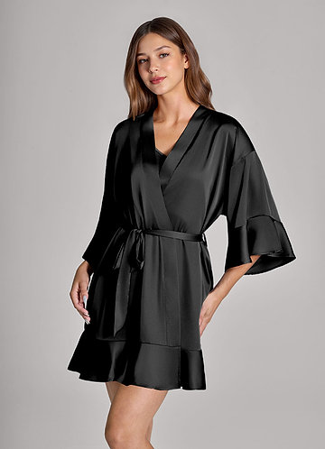 front Matching Color 2-Piece Ruffle Satin Robe and Slip Set