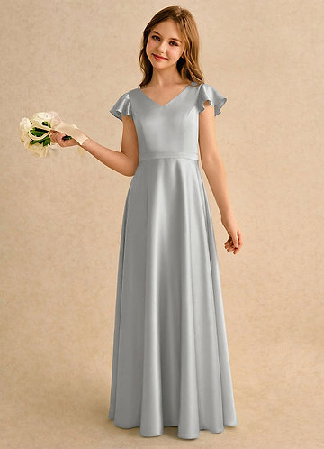 Azazie Nari Girls Formal Kukkaistyttöjen mekot A-linja hihoilla Joustava satiini Lattian pituus Pukeutua image1