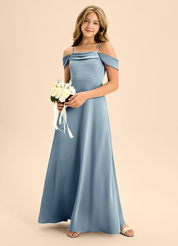 Azazie Anselie Junior Vestido de Azul Polvoriento de Satén Elástico de Corte En A con Vestidos sin tirantes image1
