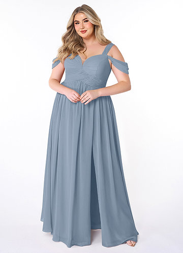 Azazie Lianne Bridesmaid Dresses Dusty Blue A-Line Off the Shoulder Chiffon Dress image1