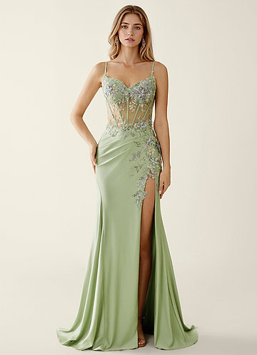 Manuelly Vert Clair Robe de bal en satin et dentelle à fleurs 3D image1