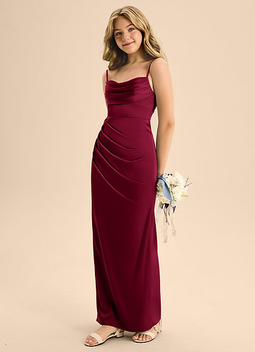 Azazie Mai Junior Vestido Borgonha de Cetim elástico de Linha A com Decote em coração image1