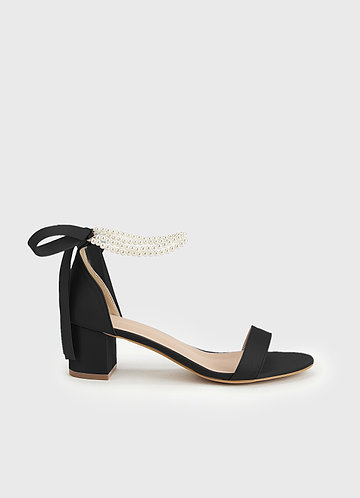 front Matching Color Matte Satin Pearl and Bow Open Toe Chunky Heel Sandals