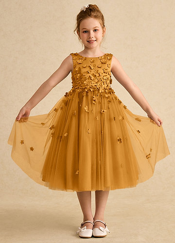 Azazie Lana Flower Girl Dresses Vestido Caramelo de Cetim fosco de Linha A com Sem mangas image1