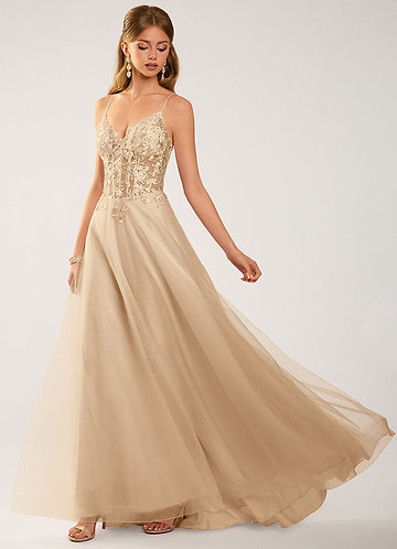 Calliem Champagne Beading Lace Tulle Prom Dress image1