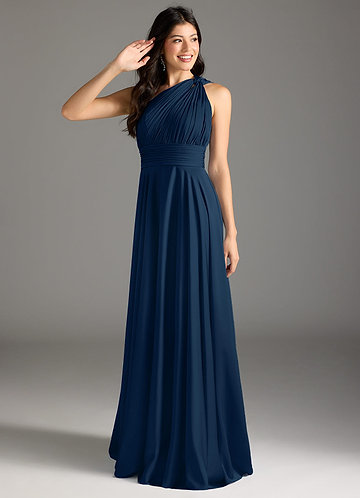Azazie Charlize Bridesmaid Dresses Dark Navy A-Line One Shoulder Stretch Satin Dress image1