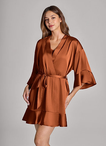front Matching Color 2-Piece Ruffle Satin Robe and Slip Set