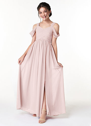 Azazie Lianne Junior Blushing Pink A-Line Off the Shoulder Chiffon Dress image1