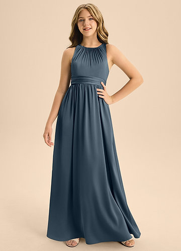 Azazie Jaylah Junior Vestido de Crepúsculo de Satén Elástico de Corte en A con Plisado image1
