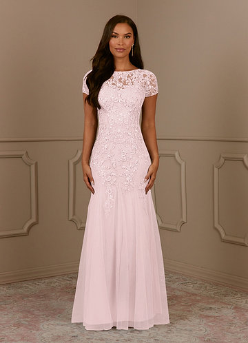 Azazie Laurie Mother of the Brides Dresses Blushing Pink Mermaid Scoop Sequins Tulle Dress image1