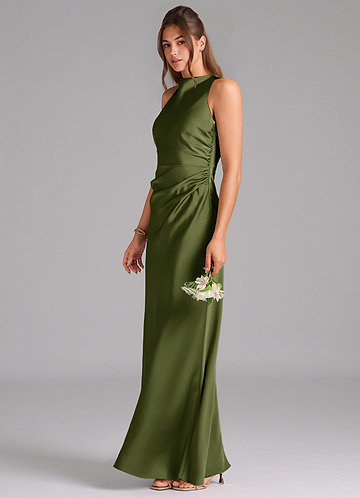 Azazie Evadne Bridesmaid Dresses Olive Sheath Pleated Stretch Satin Dress image1