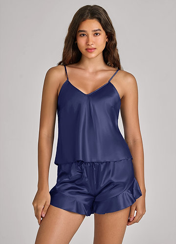 front Dark Navy Satin Camisole Set