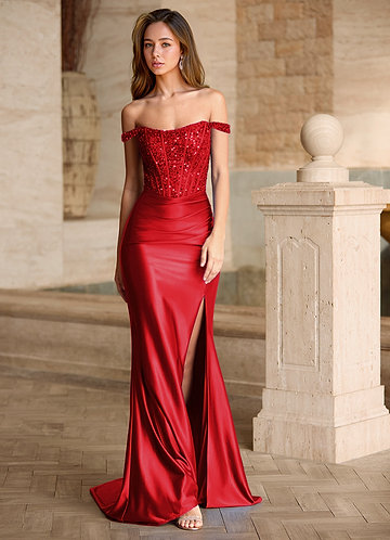 Valeria Red Velvet Sequins Corset Satin Prom Dress image1