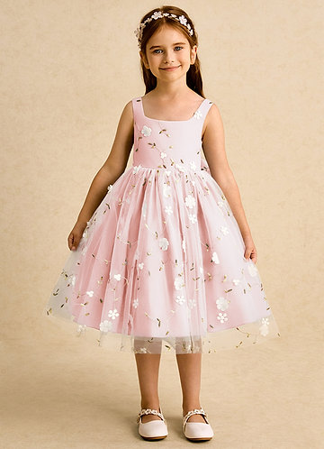 Azazie Bean Flower Girl Dresses Blushing Pink Ball-Gown Sleeveless Tulle Dress image1