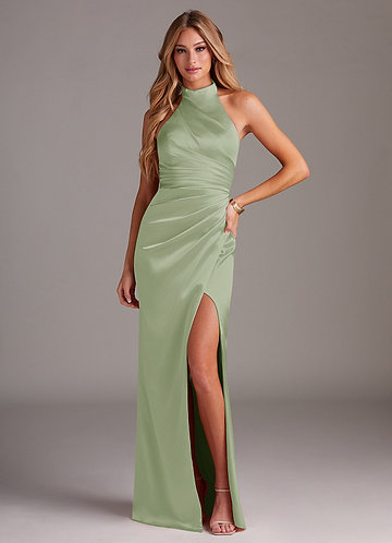 Azazie Jemma Bridesmaid Dresses Dusty Sage Sheath Pleated Stretch Satin Dress image1