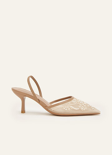 front Rosalie Pearl Embroidered Mesh Slingback Heels