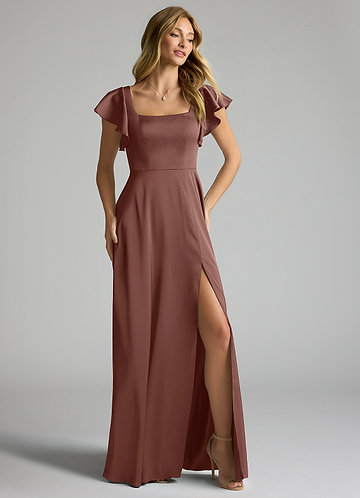 Azazie Bondi Bridesmaid Dresses Vestir Café Expresso de Cetim elástico de Linha A com Arco image1