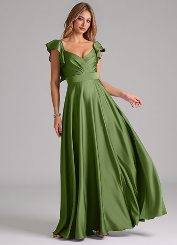 juniper satin bridesmaid dresses Vara Satin Maxi Wrap Dress — Juniper Green