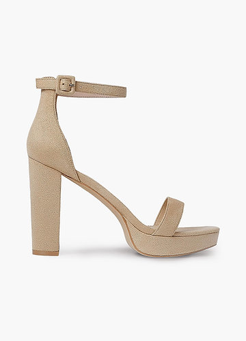 front Apricot Suede Platform Ankle Strap Heels