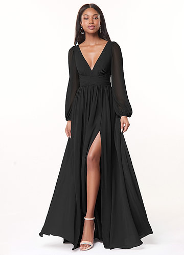 Azazie Norah Bridesmaid Dresses Black A-Line V-Neck Long Sleeve Chiffon Dress image1