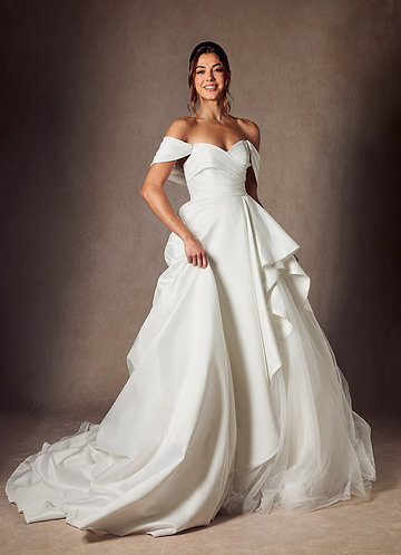 Azazie Alexandria Robe de Mariée Robe Trapèze en Mat Satiné Épaule décolletée Blanc De Diamant image1