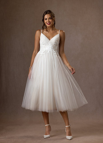 Azazie Liana Wedding Dresses Diamond White A-Line V-Neck Sequins Tulle Dress image1