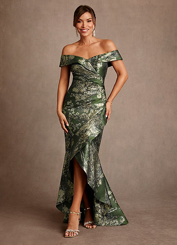 Azazie Winnetka Mother of the Brides Dresses Matcha Green Mermaid Off the Shoulder Floral Jacquard Dress image1