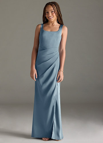 Azazie Mero Junior Vestido de Azul Polvoriento de Satén Elástico de Corte Sirena con Plisado image1