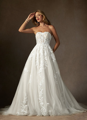 navy blue dress for baby girl STRAPLESS A-LINE LACE WEDDING GOWN BY ANDREA AND LEO COUTURE WL061 – Bridal  Hive main image 1