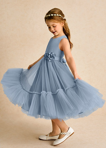 Azazie Miracle Flower Girl Dresses Dusty Blue A-Line Bow Matte Satin Dress image1