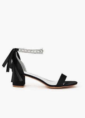 front Matching Color Matte Satin Rhinestone Strap Block Heel Sandals