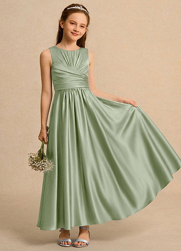 Ducky Girls Formal Flower Girl Dresses Dusty Sage A-Line Pleated Stretch Satin Dress image1