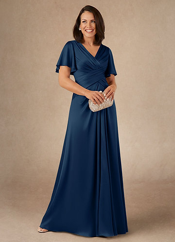 Azazie Emmeline Klänningar till brudens mor Klä A-Line i Stretch Satin Plisserad Mörk Marinblå image1