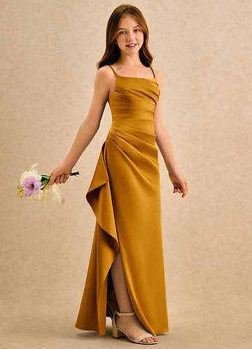 childrens yellow bridesmaid dresses Short Sleeves Satin Junior Bridesmaid Dresses With Belt, Gold