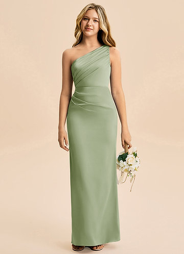 Azazie Akilah Junior Vestido Dusty Sage de Cetim elástico de Bainha com Plissado image1